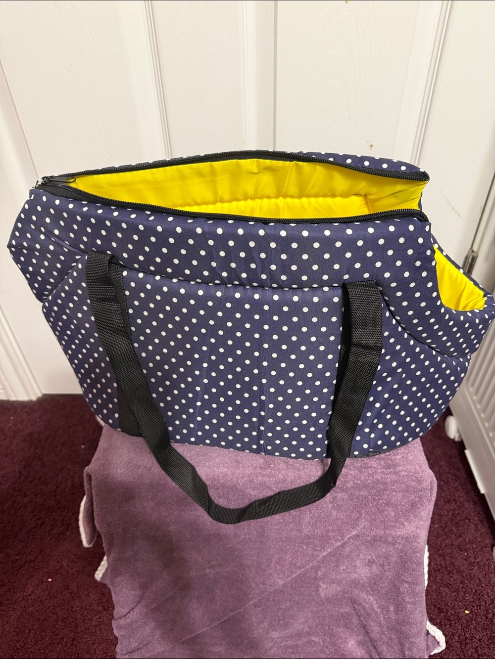 Source Unknown Navy Polka Dot Tote with Bright Yellow Interior ( for small dogs)